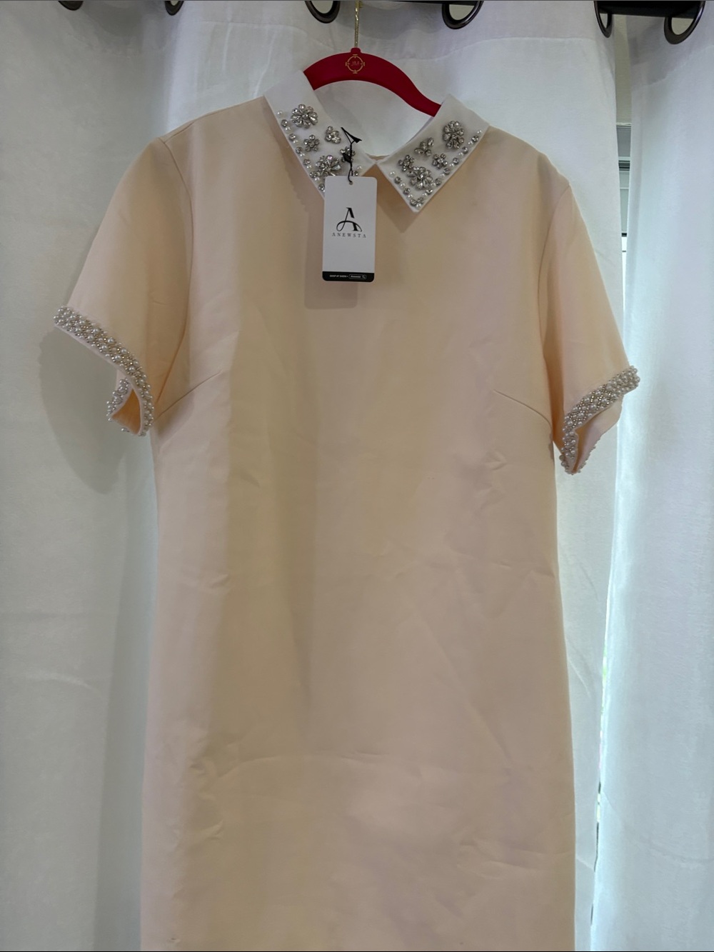 Embellished Collar Short Sleeve Shift Dress - Cream